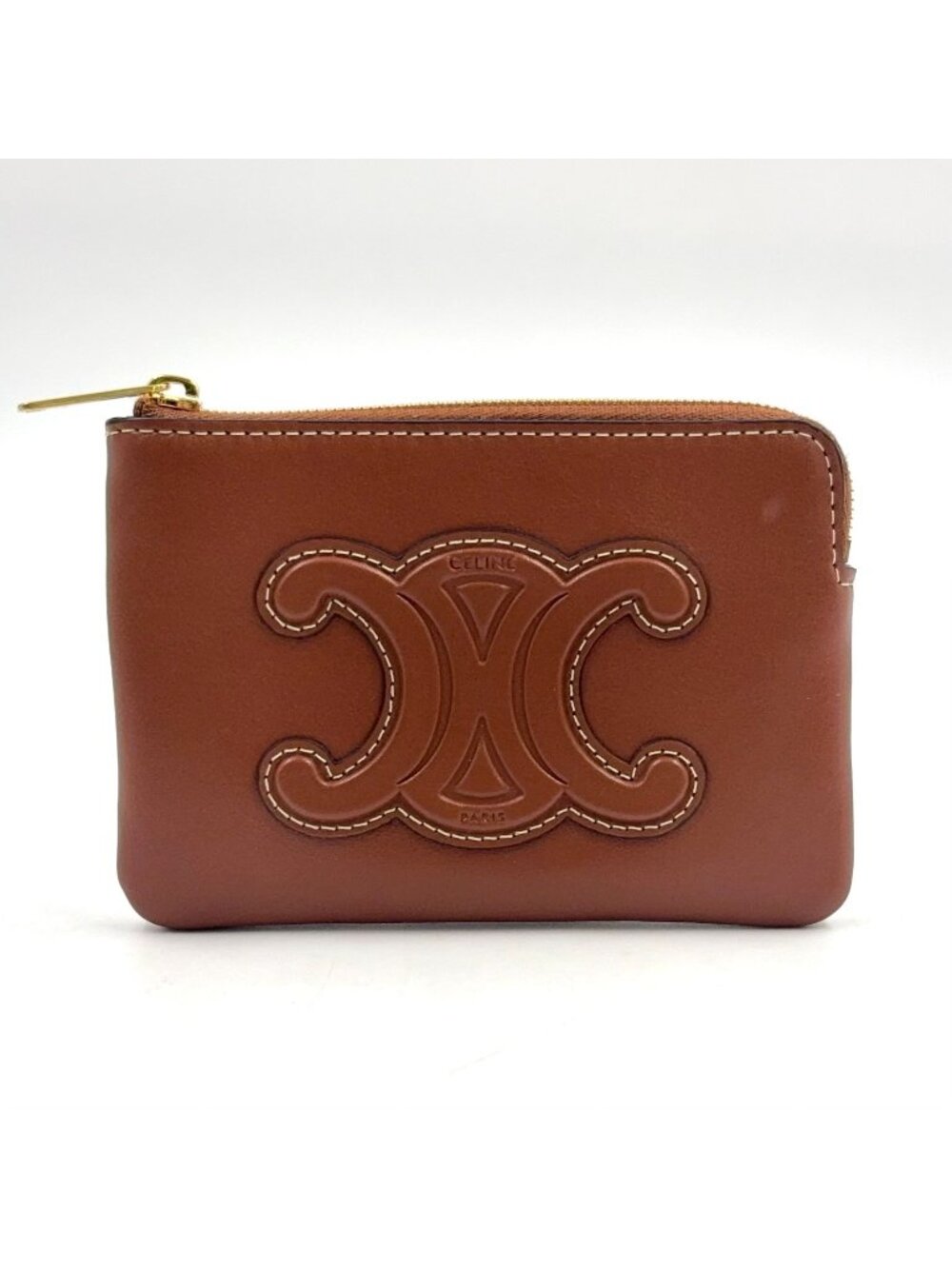 Celine Triomphe Coin Case Leather Brown Card Gold